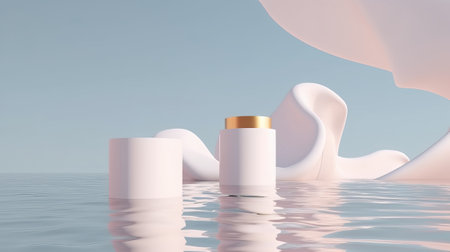 3D render of white cosmetic bottle on the water with waves.の素材