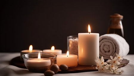 Spa still life with candles, towels and flowers on dark backgroundの素材
