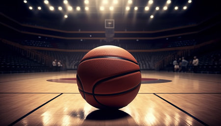 Basketball ball on the basketball court. 3D rendered illustration.の素材