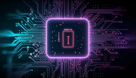 Highly rendering of circuit board with battery icon in glowing neon lightの素材