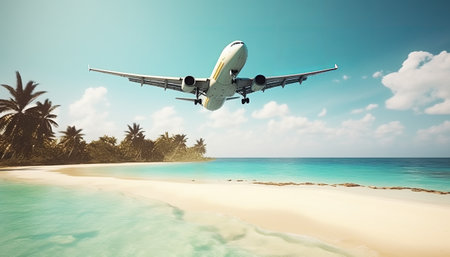 Airplane flying over tropical beach. Travel and vacation concept. 3D Renderingの素材