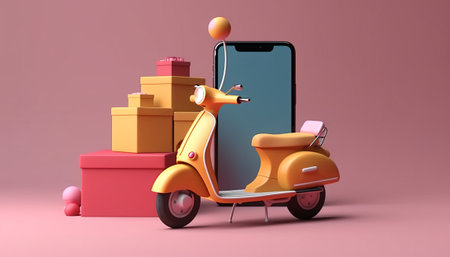 3d illustration of orange scooter with boxes and smartphone on pink backgroundの素材