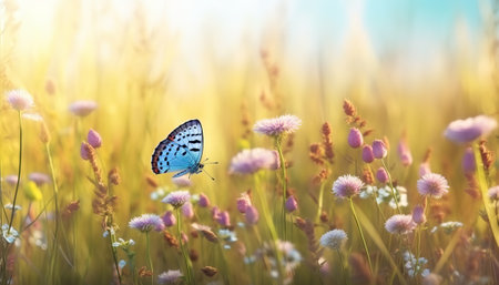 Beautiful butterfly on a flower meadow at sunset. Nature backgroundの素材