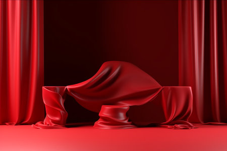3d rendering of stage with red cloth and red curtains background.の素材