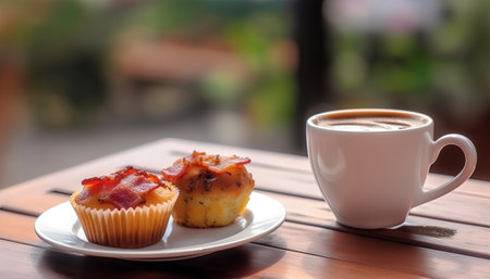 Cup of coffee and muffin with bacon on wooden table.の素材