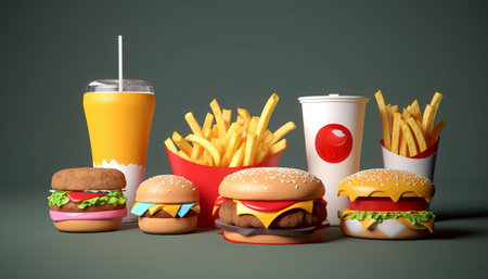 Fast food, hamburgers, french fries and soda 3d renderingの素材