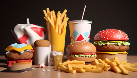 Fast food background with hamburgers, french fries and soda drinkの素材