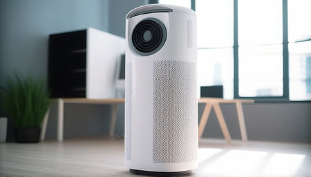 Modern white speaker on the background of the interior of the room.の素材