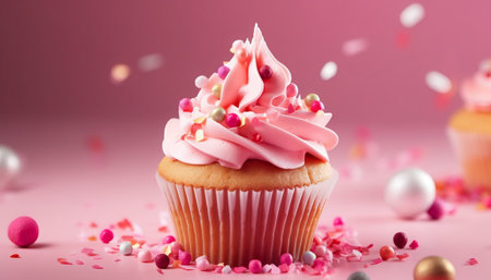 Cupcake with pink frosting and confetti on pink backgroundの素材