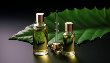 Bottles of perfume with green leaves on black background, closeupの素材