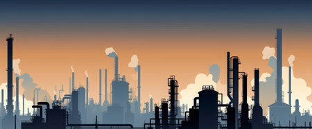 Industrial landscape with oil refinery plant at sunset. Vector illustration.の素材