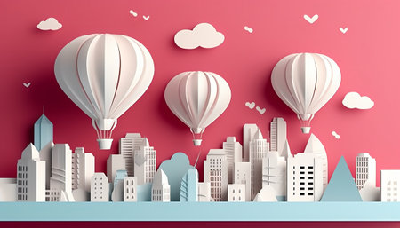 Paper art of hot air balloons flying over the city. Vector illustration.の素材