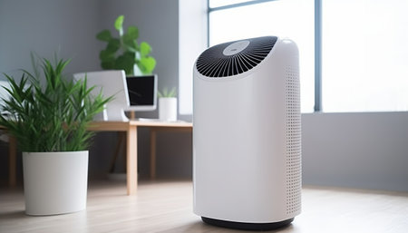 Modern air purifier on the floor in the living room at homeの素材