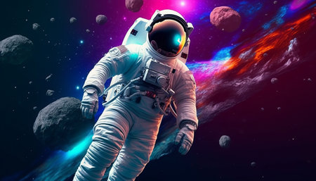 Astronaut in outer space. Mixed media. Mixed media. Mixed mediaの素材