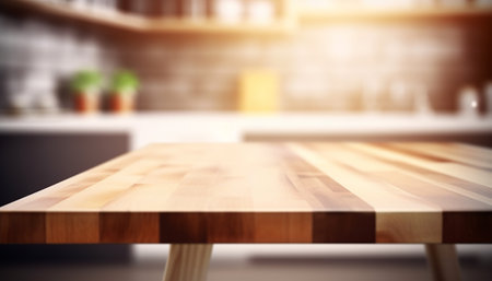 Empty wooden table in front of modern coffee shop background. 3D Renderingの素材