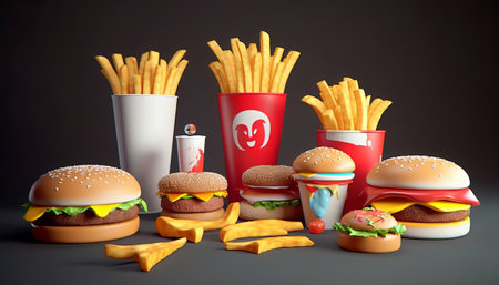 Fast food 3d illustration with hamburgers, french fries and drinksの素材