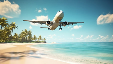 Airplane flying over tropical beach with palm trees and sand. 3d renderingの素材