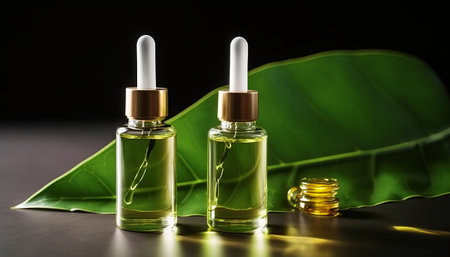 Cosmetic oil in glass bottle with green leaf on black background.の素材