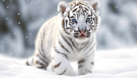 White tiger cub with blue eyes in snowy forest. 3D illustration.の素材