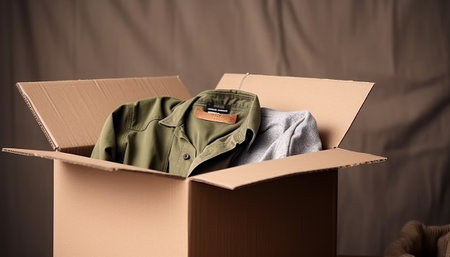 Open cardboard box with clothes on a brown background, close-upの素材