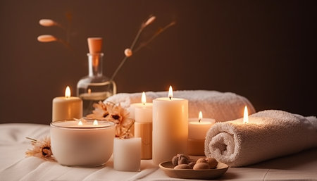 Spa still life with candles, towels and flowers on brown backgroundの素材