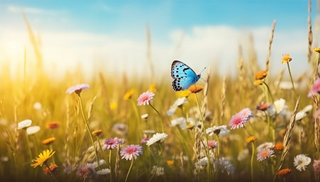 Butterfly on flower meadow. Beautiful nature scene with butterfly.の素材
