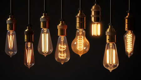 Vintage Edison light bulbs on dark background. Idea concept. Close up.の素材