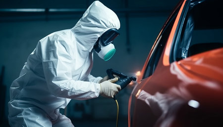 auto mechanic in protective suit and respirator painting red car in auto repair shopの素材