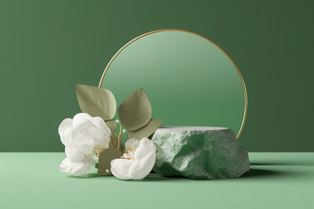 3d render of podium for product presentation with green background. Minimal scene.の素材