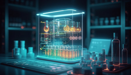 Laboratory glassware and test tubes in scientific laboratory. 3D renderingの素材