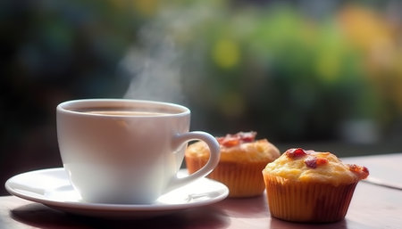 Cup of coffee and muffins on a wooden table in the gardenの素材