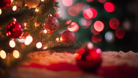 Christmas tree with red balls and garland on bokeh backgroundの素材