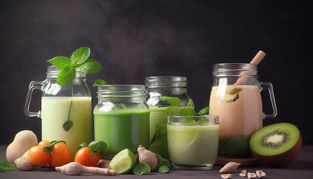 Fresh smoothies with kiwi, lime, turmeric and spinach in glass jarsの素材