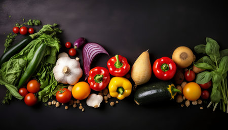 Variety of fresh vegetables on black background. Healthy food concept.の素材