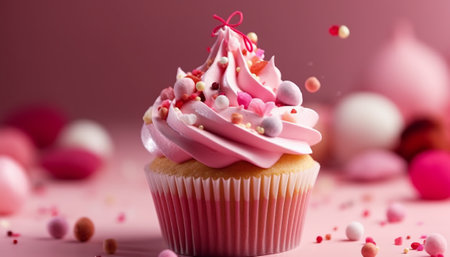 Cupcake with pink frosting and sprinkles on pink backgroundの素材