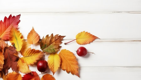Colorful autumn leaves on a white wooden background. Top view.の素材