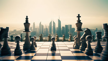 Chess board game with city skyline and skyscrapers in the backgroundの素材