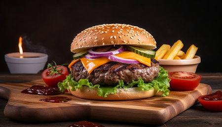 Cheese burger - American cheese burger with fresh vegetables on wooden backgroundの素材