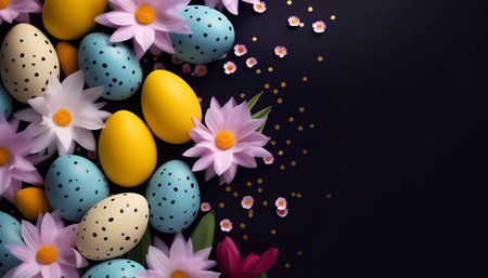 Easter eggs and flowers on black background. 3d illustration.の素材