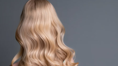 Beautiful long blonde hair on a gray background. Close-up.の素材