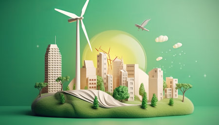 Eco city concept with wind turbines and buildings. 3D renderingの素材