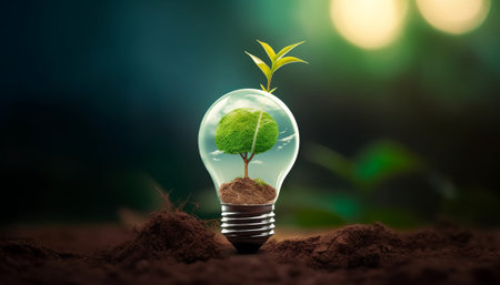 Glowing light bulb with green plant inside in soil. Ecology and environment concept.の素材