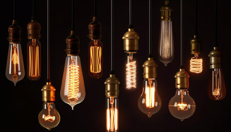 Vintage light bulbs glowing in the dark. Idea and creativity concept.の素材