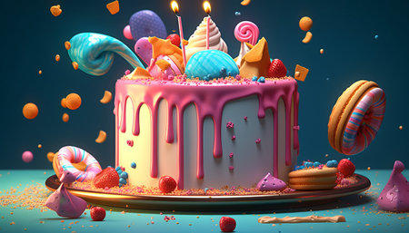 Birthday cake with candies, donuts and sweets on a blue backgroundの素材