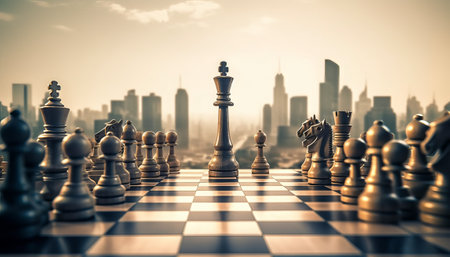 Chess concept of business ideas and competition and strategy ideas with cityscape backgroundの素材