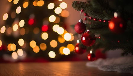 Christmas tree with red baubles on bokeh lights backgroundの素材