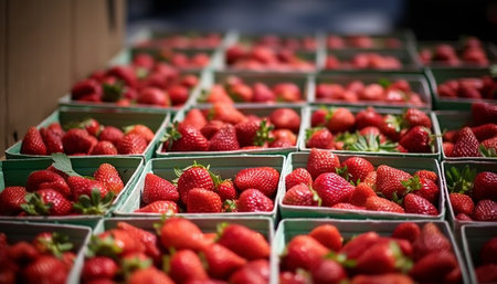 Strawberries in boxes at farmers market. Selective focus.の素材