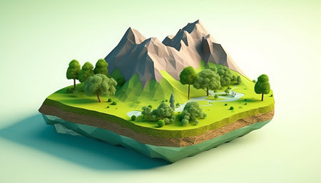 Mountain landscape with trees and bushes. 3d render illustration.の素材