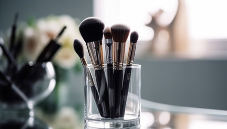 Makeup brushes in a glass vase on the mirror background.の素材