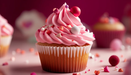 Delicious cupcake with pink buttercream frosting on pink backgroundの素材